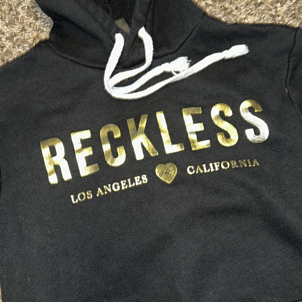 Size XS Young & Reckless Black Hoodie with Gold letters. Slim fit Like New